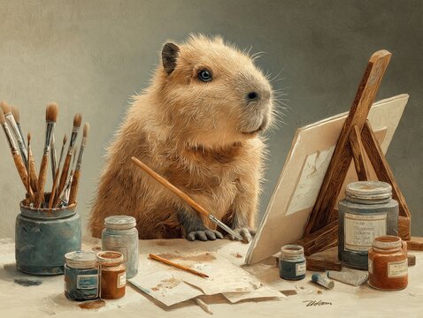 Capybara artist painting self-portrait creative illustration