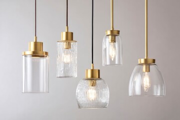 Five modern pendant lights with brass and glass shades