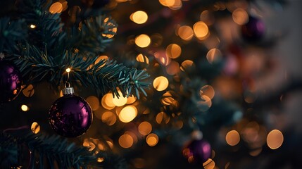 Close up of a christmas tree with purple ornaments and blurred lights bokeh