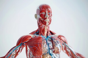 Anatomical Structure: An intricate display of human anatomy, revealing the complex layers of muscles, skeletal structure, and the vascular system in a detailed and artistic portrayal.