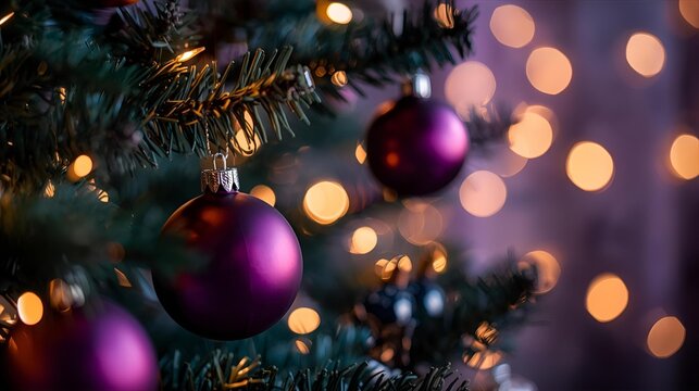 Close up of christmas tree with purple ornaments and blurred lights background