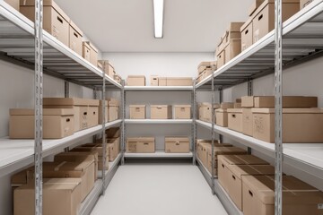 Fototapeta premium Warehouse interior. Large modern factory with brown paper boxes ware house. Efficient storage and transportation in production, food industry factory. Huge distribution rack, high shelves and crates