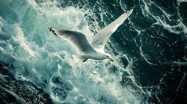 A seagull soars gracefully above ocean waves, captured in vivid detail. Dynamic, natural, and serene, perfect for travel, wildlife, nature, and coastal-themed digital content or editorial use.