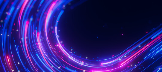 Obraz premium Bigdata light speed data flow U-turn closeup. Abstract digital data stream of quantum computing. Cyberspace of qubit trails. Modern tech information transmission.