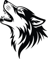 Detailed black wolf head illustration with a howling pose on transparent background silhouette