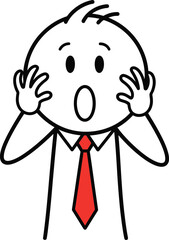 Cartoon businessman with wide eyes and open mouth expressing shock and disbelief with hands on head