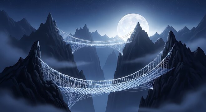 Fototapeta Magical Rope Bridge Connects Mountains Under Full Moon.