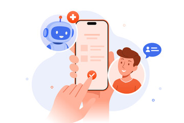 Hands holding a smartphone with an AI medical chatbot and a male patient communicating in an app, completing a task with a checkmark. Mobile healthcare illustration concept.