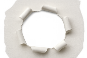 Torn white paper creating a circular hole with curled edges, revealing a checkerboard transparent background