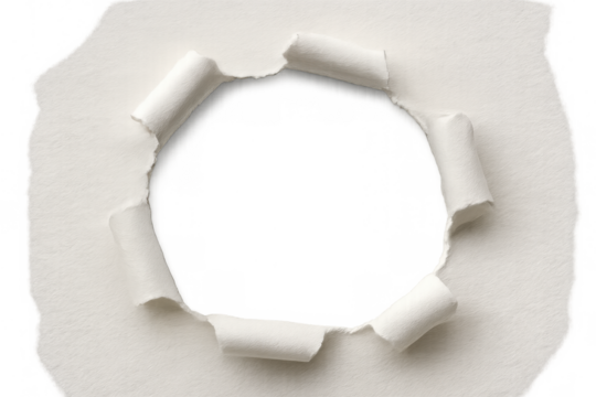 Torn white paper creating a circular hole with curled edges, revealing a checkerboard transparent background