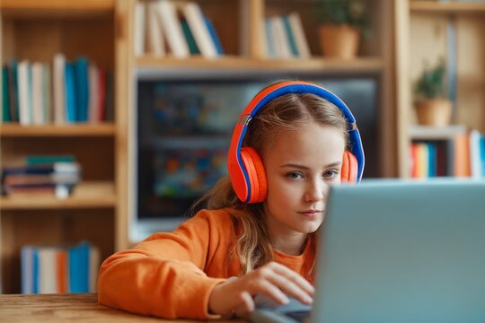 Focused child girl learning online with laptop and headphones in home classroom
