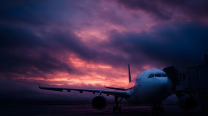 Airplane at the gate during a vibrant sunset with dramatic clouds