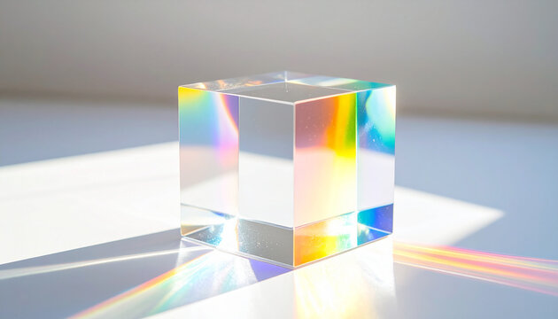 Transparent optical glass cube splitting white light into rainbow spectrum, prism effect