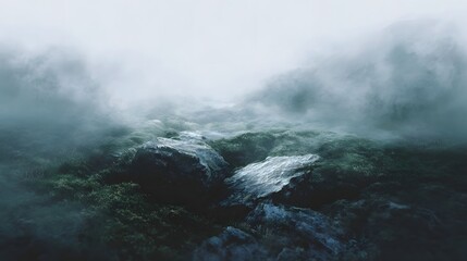An atmospheric and serene misty mountainous landscape featuring large rugged rocks partially obscured by dense fog under overcast skies