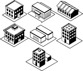 Isometric Black and White Building Icons Set: Office, Factory, Warehouse, and Residential Architecture