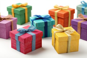 Stack of soft vivid colored gift boxes tied golden bows. Joy, anticipation of receiving presents. Giftboxes heap neat stacked on white backdrop. Gift box set in large pile. Distinctive present boxes