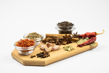 Spices on a cutting board, close-up.