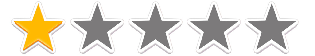 Realistic 3D one yellow star rating icon with four dark grey stars on dark background, shiny feedback symbol for poor quality review and low satisfaction illustration