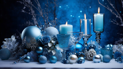 Elegant blue Christmas arrangement with burning candles, sparkling decorations, flowers and glasses - cozy festive atmosphere