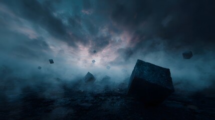 Surreal scene of dark geometric cubes floating in a misty dramatic twilight sky