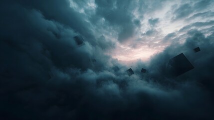 Surreal geometric shapes drift through a dramatic moody sky during a mystical sunrise