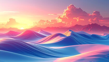 Digital painting of a surreal landscape featuring undulating forms bathed in vibrant sunset hues