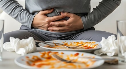 Woman suffering from stomach ache and abdominal pain after eating food, sitting at the table with dirty dishes
