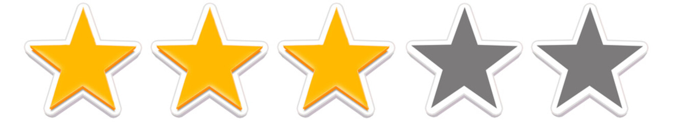 Realistic 3D three star rating design with shiny yellow and dark grey stars isolated on dark background, symbolizing average quality feedback and moderate satisfaction