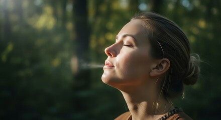 Woman in nature taking a deep breath of fresh air, enjoying the sunlight and the peacefulness of the forest