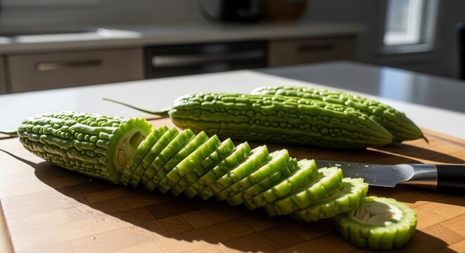 Bitter Melon Slices Displayed on Wooden Surface with Kitchen Background