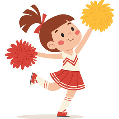 Cartoon Cheerleader Girl With Red and Yellow Pom Poms In Action With White Background And Red Skirt Outfit Celebrating
