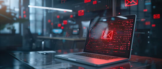 Laptop displaying red digital warning icons representing phishing, spam email, cybersecurity risk, data protection and online security concept.