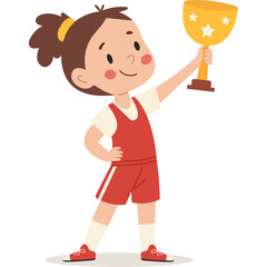 Cartoon Girl In Red Sportswear Holding Golden Trophy With Stars And Stars Background Isolated On Transparent Background