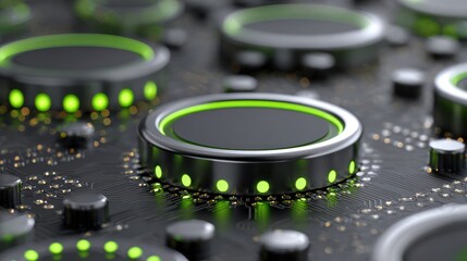 Close-up of futuristic circuit board with glowing green illuminated circular controls.