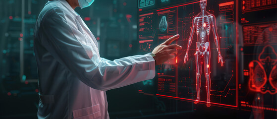 Doctor using futuristic holographic screen to study human anatomy. Concept of AI diagnostics, digital healthcare, and modern medicine technology.