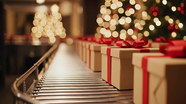 Christmas Presents Conveyor Belt in Warm Lighting with Bokeh Background and Holiday Decorations