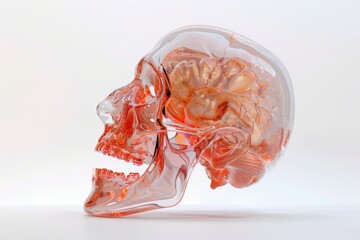 Human Skull in Scientific Light: An intricate human skull, visualized with a translucent overlay, revealing the delicate complexities of the brain within a medical or scientific framework.