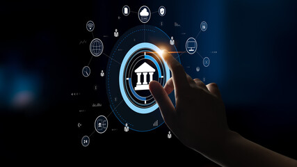 A global FinTech and digital banking network technology concept. A central financial system connected to the worldwide digital economy and services. Motif