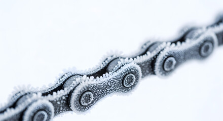 Obraz premium Icy bicycle chain covered in frost on a white background 