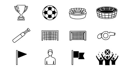 Set of minimalistic black and white vector icons representing the World Cup &mdash; trophy, soccer ball, stadium, goal net, whistle, player silhouette, flag, and cheering fans, clean line style