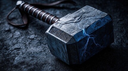 A majestic, metallic hammer, adorned with intricate designs and glowing with ethereal blue lightning, rests on a dark, textured surface.