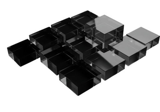 Arrangement of black glass cubes isolated on transparent background, top view