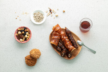 Turkish breakfast with turkish delight  Sudjuk. Background for design