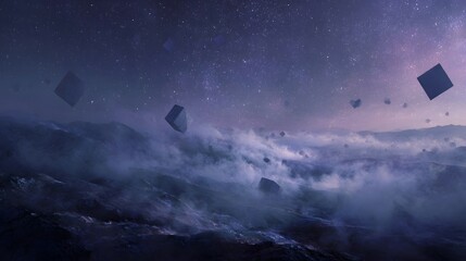 Surreal night sky with floating geometric cubes over a misty turbulent ocean