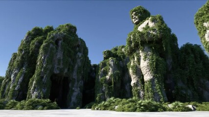 Stone statue landscape illustration outdoors with natural vegetation