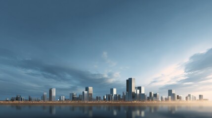 Fototapeta premium Modern city skyline at waterfront with reflective water and dramatic sky conveying serene urban atmosphere
