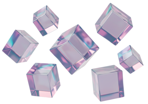 Group of iridescent glass cubes isolated on transparent background, studio shot