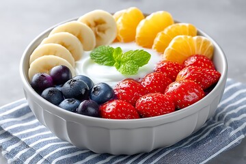 A healthy and delicious bowl of yogurt topped with fresh strawberries, blueberries, banana slices, mandarin orange segments, and a sprig of mint, presented on a striped napkin