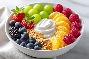 A vibrant and healthy fruit salad bowl filled with fresh strawberries, blueberries, raspberries, blackberries, grapes, orange slices, and yogurt with granola, perfect for a nutritious breakfast