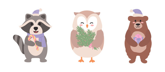 Obraz premium A set of cute cartoon-style animals dedicated to the holidays. Raccoon, owl, bear in a winter theme. These adorable characters are perfect for creating festive designs for Christmas and New Year.